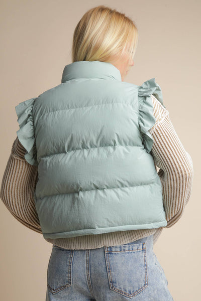 Front Bow Ruffle Sleeve Puffer Vest: SAGE