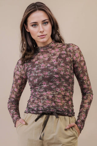 High Neck Fitted Sheer Mesh Lace Knit Top: CHOCOLATE FLORAL