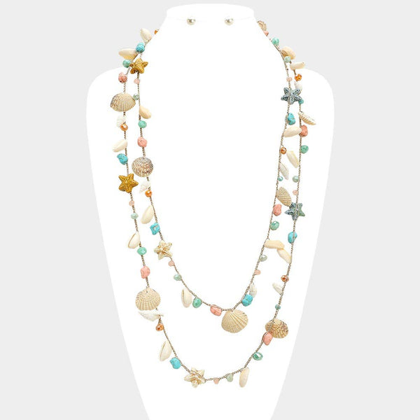 Seashell Starfish Natural Stone Charm Station Layered Statement Long Necklace - Lulu Bella Boutique