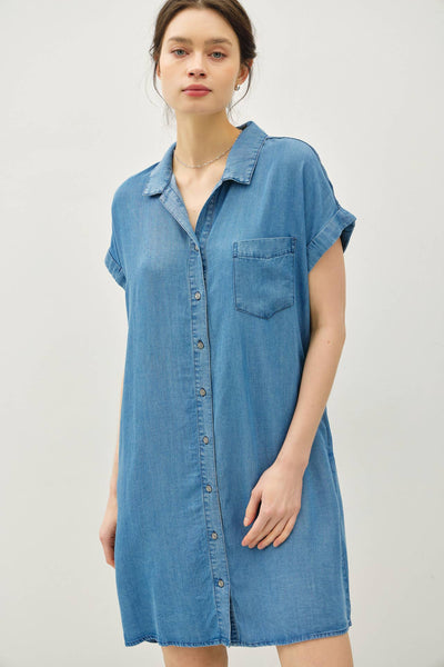 DENIM WASH BUTTON DOWN TENCEL DRESS : MED WASH / S - Lulu Bella Boutique