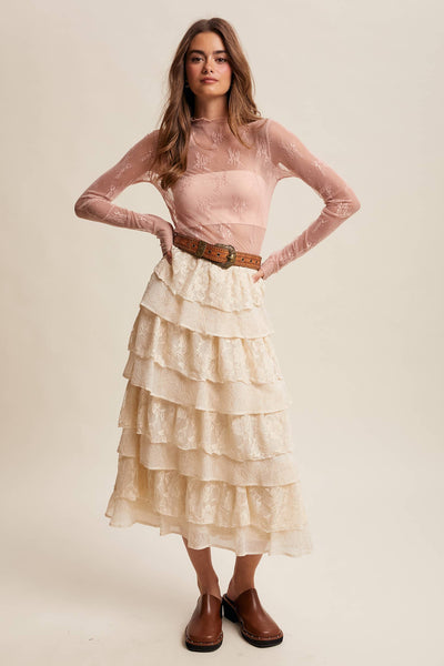 Sheer Lace Long-Sleeve Top LT1354: Blush / XS - Lulu Bella Boutique