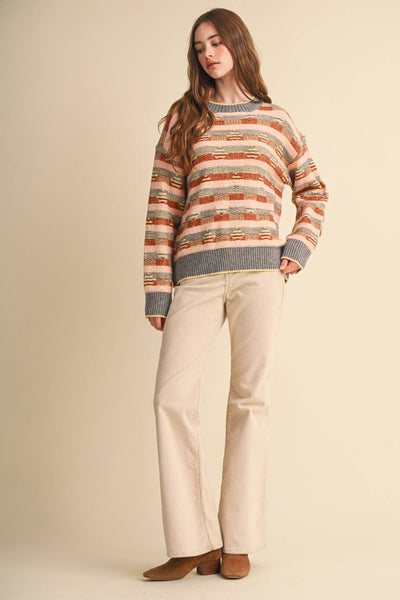 ABSTRACT GEOMETRIC KNIT PATTERN SWEATER: GREY PINK MULTI