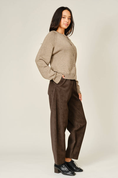 WOOL BLENDED PLAID PLACKET DETAIL SWEATER CARDIGAN: MUSHROOM