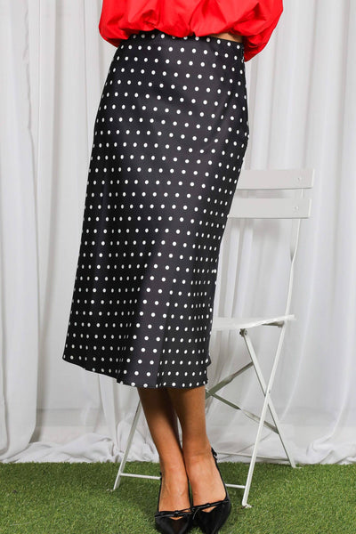 Dot Print Bias Cut Satin Midi Skirt VS51610K: Black / S - Lulu Bella Boutique