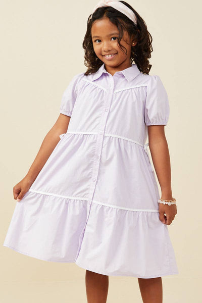 Girls Contrast Piping Ribbon Buttoned Dress: Lavender