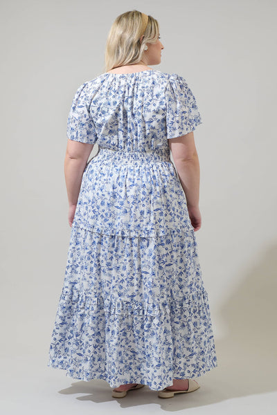 Kearny Floral Palmer Poplin Tiered Maxi Dress Curve: WHT-BLUES-MULT / 3X - Lulu Bella Boutique