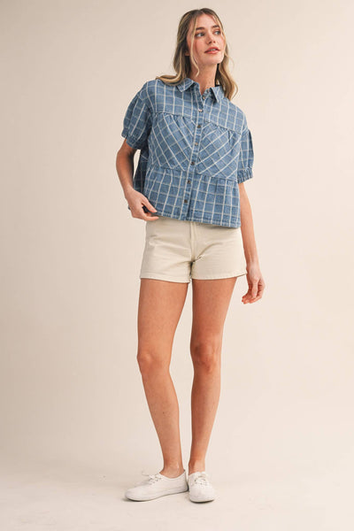 CHECKERED DENIM BUTTON DOWN TOP MTP4657: LIGHT DENIMBLUE / S - Lulu Bella Boutique