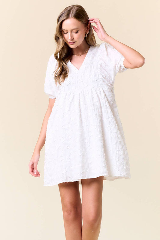 Jacquard V-Neck Puff Short Sleeve Mini Dress - 27982D: OFF WHITE / S - Lulu Bella Boutique