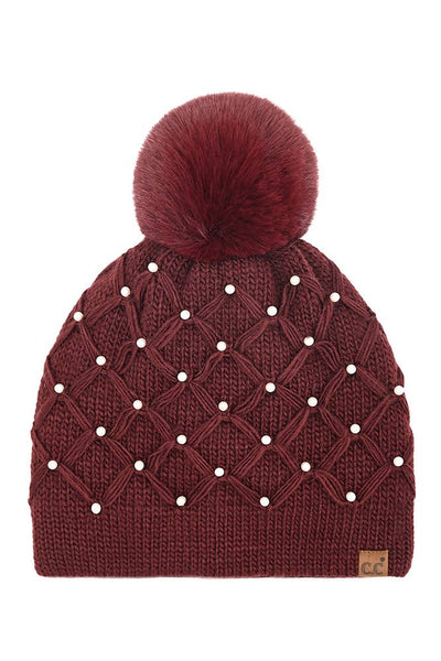 C.C Allover Pearl Crochet Pom Beanie: Rose