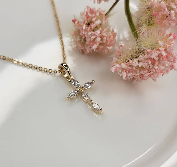 CZ Small Cross Necklace: Gold - Lulu Bella Boutique
