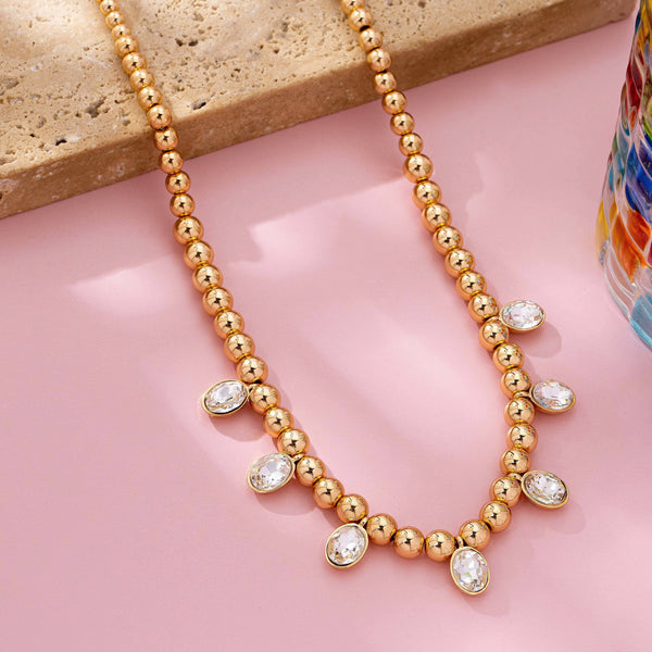 Oval Stone Beaded Ball Chain necklace: GOLD