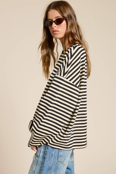 Striped Terry Oversized Long Sleeve Top: Black / S - Lulu Bella Boutique