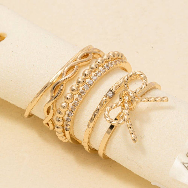 5Pc Cz Mixed Bow And Chain Style Band Rings: GDCRY - Lulu Bella Boutique