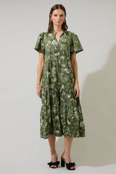 Hazleton Floral Britt Poplin Tiered Midi Dress: CREAM-OLIVE / M - Lulu Bella Boutique