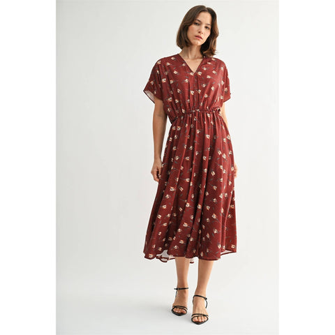 FLOWER PRINTED CRINKLE SATIN DRESS: Rust