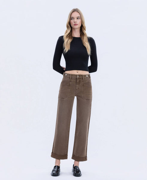 HIGH RISE TABBED WAISTBAND CUFFED SLIM WIDE JEANS F5920CFF: COFFEE / 24 - Lulu Bella Boutique