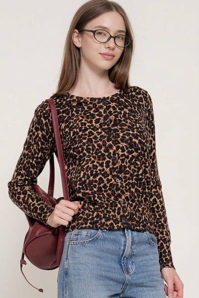 Leopard Button-down Cardigan: Brown