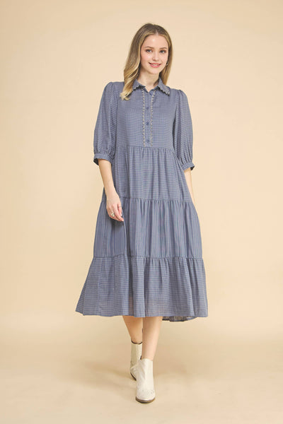 Gingham Tiered Midi Dress: Denim Blue