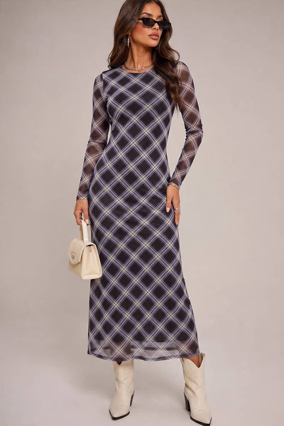 Plaid Long Sleeve Maxi Dress: BURGUNDY PLAID