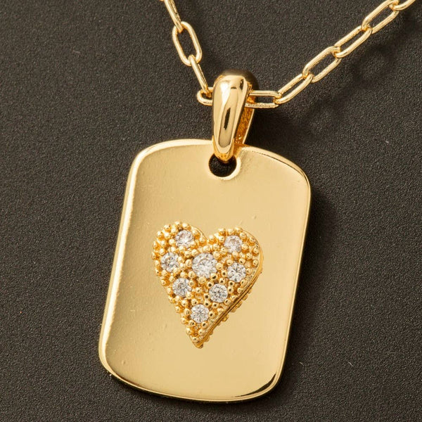 Gold Dipped Cz Heart Dog Tag Pendant Necklace: GOLD - Lulu Bella Boutique