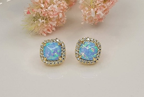 LAB GROWN OPAL STUD EARRINGS.: WHITE OPAL/GOLD / Small - Lulu Bella Boutique