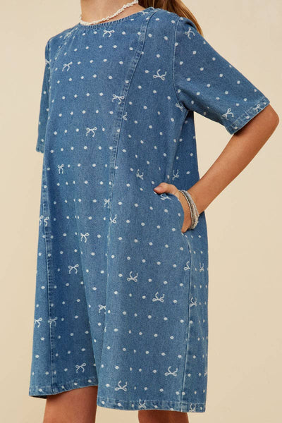 Girls Polka Dot And Bow Print Denim Dress: Mid Denim