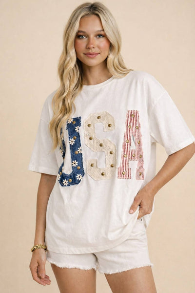 Mixed-Media Studded USA Graphic Tee: WHITE / S - Lulu Bella Boutique