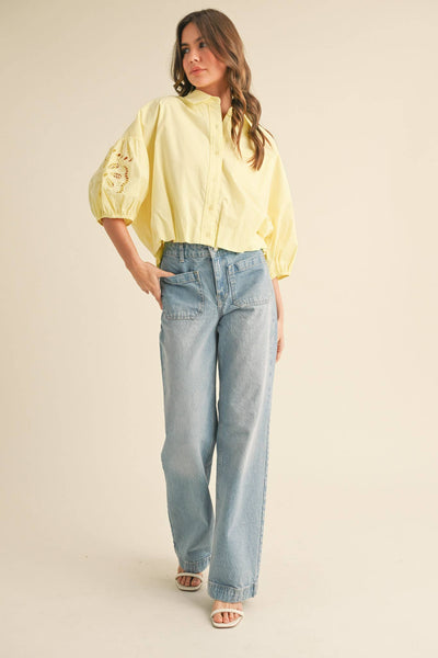 CUT OUT EMBROIDERED BUBBLE SLEEVE TOP MTP3835: LEMON / S - Lulu Bella Boutique