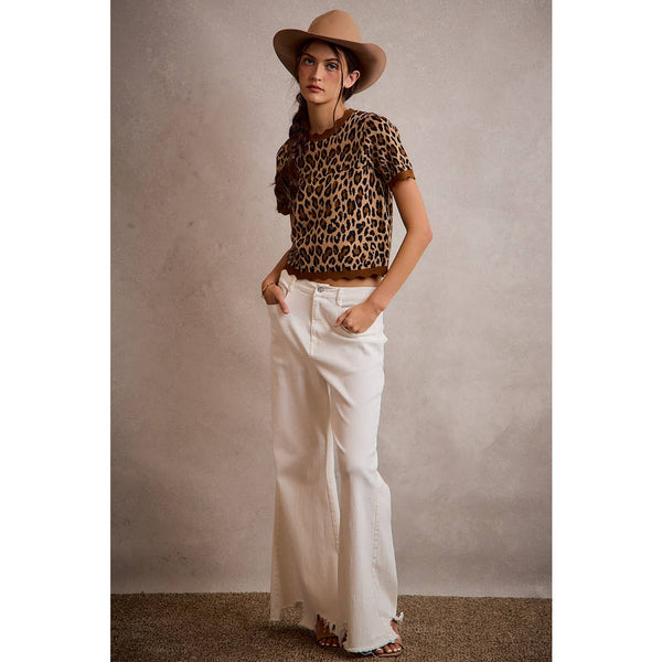 LEOPARD PRINT SHORT SLEEVES SCALLOP RIB KNIT: LEOPARD/BROWN