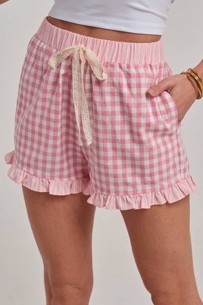GINGHAM CHECK ELASTIC WAIST SHORTS WITH LACE DRASTRING: SWEET PINK / S-M-L(2-2-2) - Lulu Bella Boutique