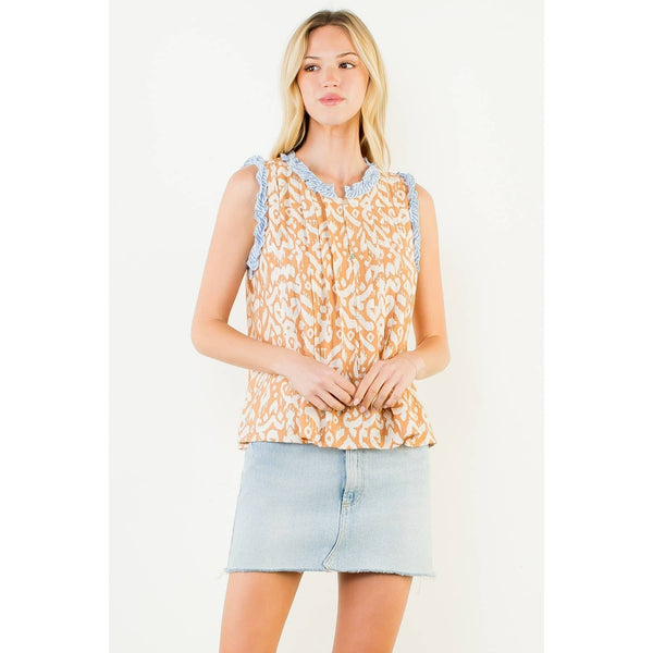 Sleeveless Abstract Pattern Top: BEIGE / XS-S-M-L(1-2-2-1) - Lulu Bella Boutique