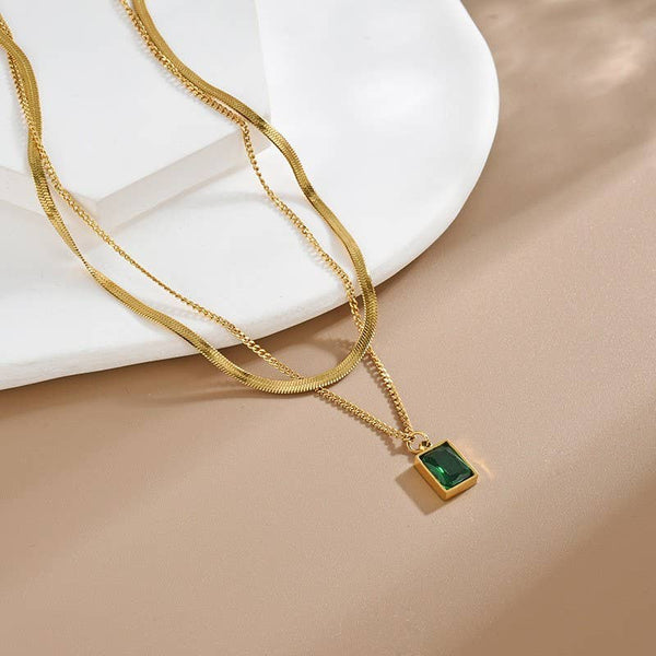 18K STAINLESS STEEL TARNISH FREE LAYERED NECKLACE | 40NK9665: CRYSTAL - Lulu Bella Boutique