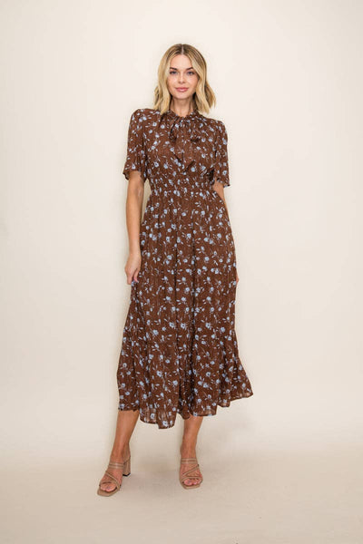 Ditsy Floral Tiered Midi Dress: Brown