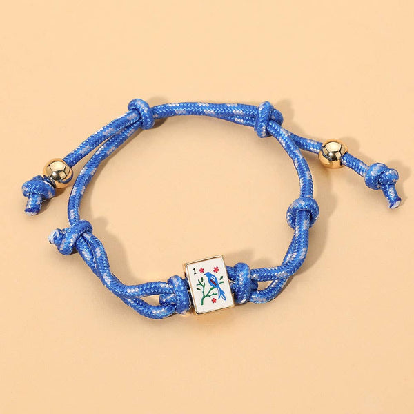 Mahjong Tile Charm Accent Knotted Cord Adjustable Cinch Pull Tie Bracelet: Blue,Gold