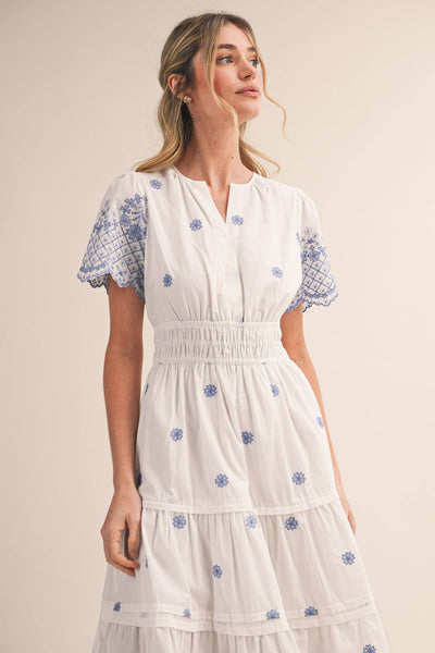 FLORAL EMBROIDERY TIERED MIDI DRESS MDR4566: WHITE BLUE FLORAL / S - Lulu Bella Boutique