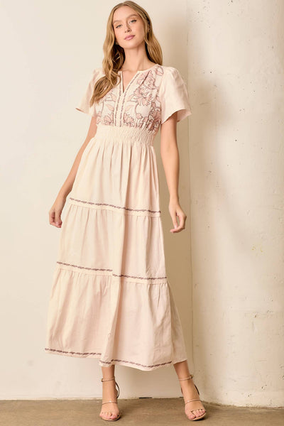 EMBROIDED FLORAL PRINT MAXI TIERED DRESS: NATURAL / S - Lulu Bella Boutique