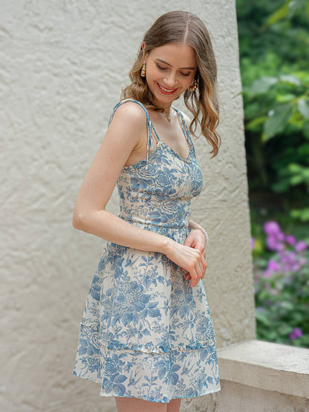 RP2392 - Blue Floral Charm Dress: S - Lulu Bella Boutique