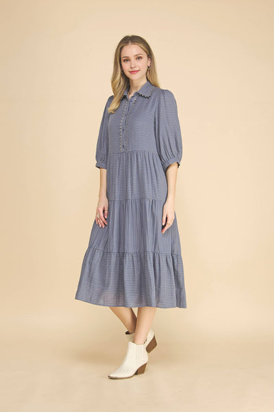 Gingham Tiered Midi Dress: Denim Blue