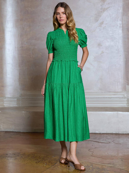 Smocked Short Sleeve Tiered Midi Dress: Spring Green / XS - Lulu Bella Boutique