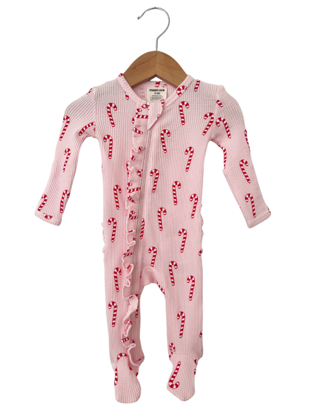 Organic Waffle Ruffle Zip Footie, Pink Candy Cane: 3 - 6 mo.