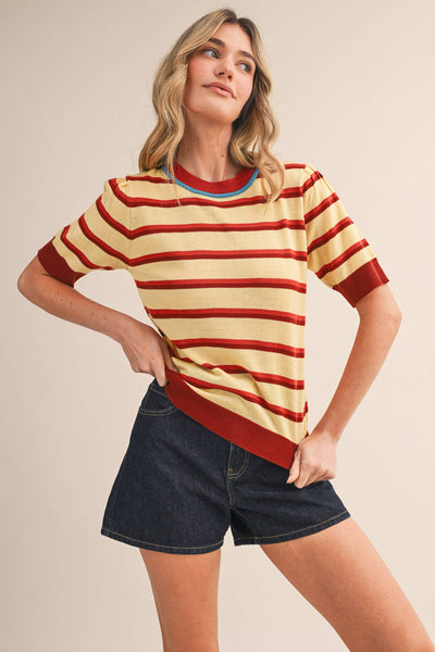 STRIPED SHORT SLEEVE SWEATER MSW11335: LEMON SIENNA / S - Lulu Bella Boutique