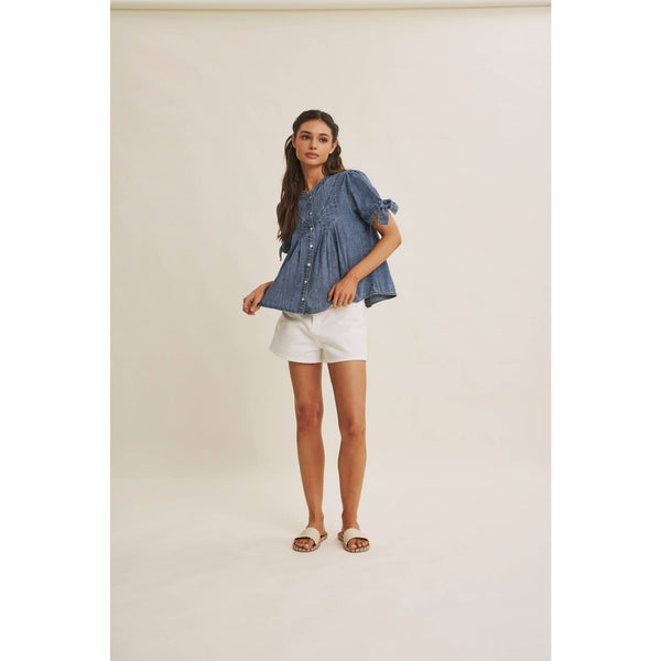 SUNNY DAY MINERAL-WASHED DENIM PINTUCK SHIRT WITH TIE SLVS: WASHED DENIM / S - Lulu Bella Boutique