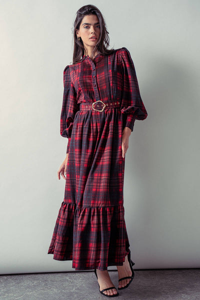 Plaid Belted Layered Button Down Balloon Sleeve Maxi Dress - Lulu Bella Boutique