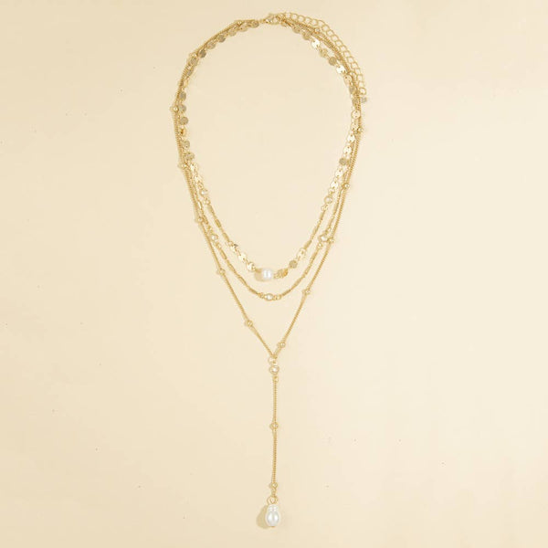 Layered Pearl Cz Lariat Drop Necklace