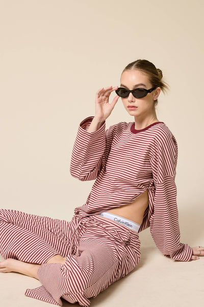 Striped Oversized Long Sleeve Top: Berry / S - Lulu Bella Boutique