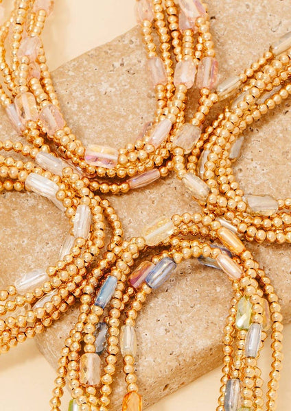 Faceted Glass Charms Metallic Beaded Bracelet Set: PINK - Lulu Bella Boutique