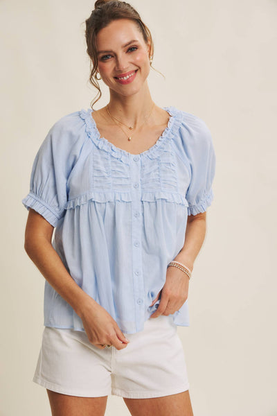 EFFORTLESS YET ELEVATED DELICATE RUFFLE AIRY COTTON BLOUSE: IRISH BLUE / S - Lulu Bella Boutique