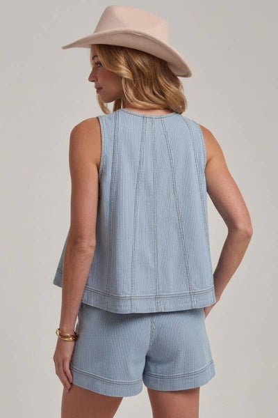 SLEEVELESS PIN STRIPE DENIM TOP AND MATCHING SHORTS SET: DENIM / S-M-L(2-2-2) - Lulu Bella Boutique