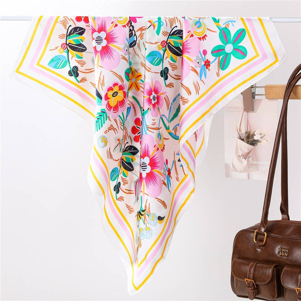 Multi-Color Floral Silk-Feel Scarf: Off White