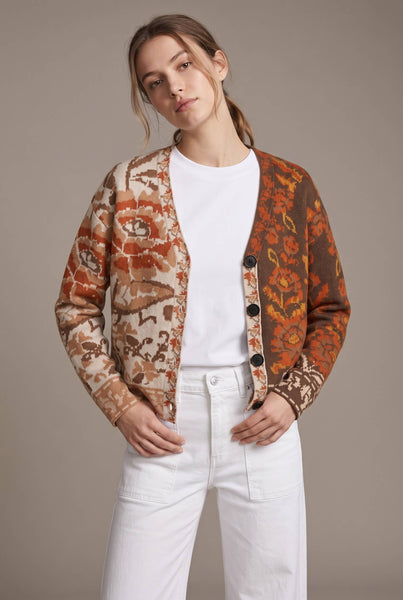 Mixed Floral Jacquard Cardigan: RUST